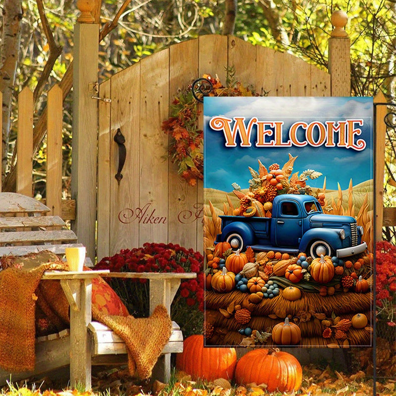 1pc, Solar Garden Flag With Lights "Pumpkin Patch" Happy Fall Thanksgiving Harvest Garden Flag, Double-Sided, Waterproof Burlap With Autumn Pumpkin Design, Welcome Outdoor Lawn & Porch Decor, 12X18 Inches