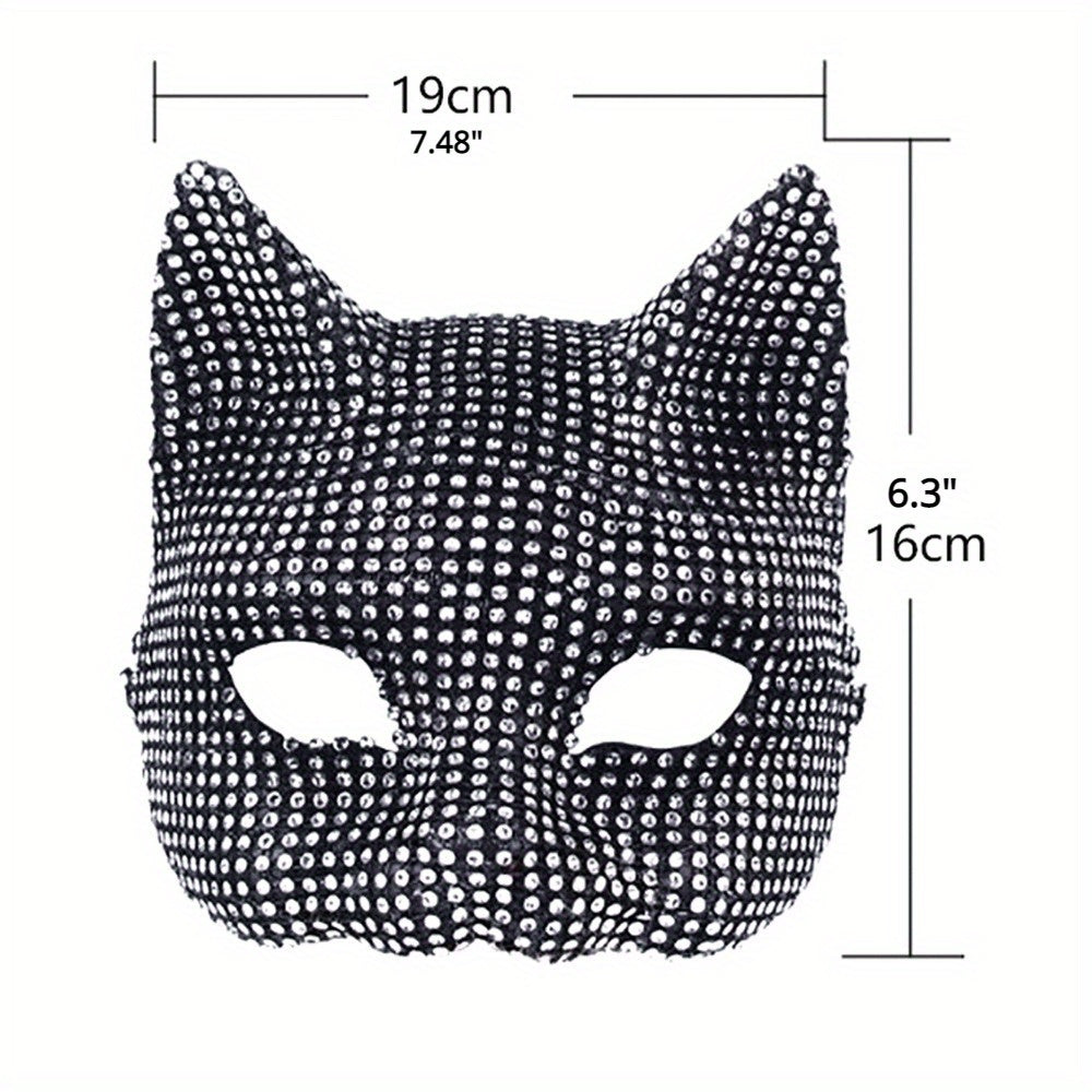 Rhinestone Cat Costume Set For Halloween, Cat Woman Ensemble With Bejeweled Mask And Long Claw Gloves, Masquerade Accessory Kit