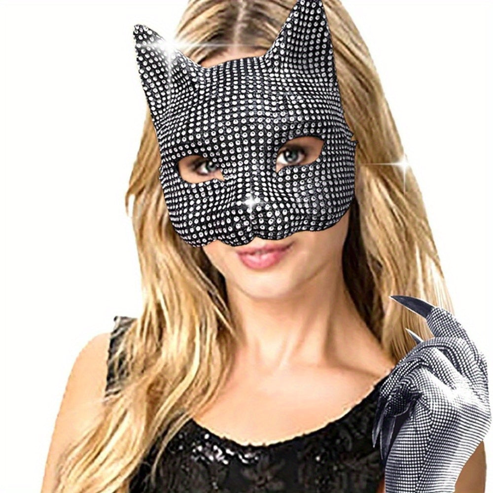 Rhinestone Cat Costume Set For Halloween, Cat Woman Ensemble With Bejeweled Mask And Long Claw Gloves, Masquerade Accessory Kit