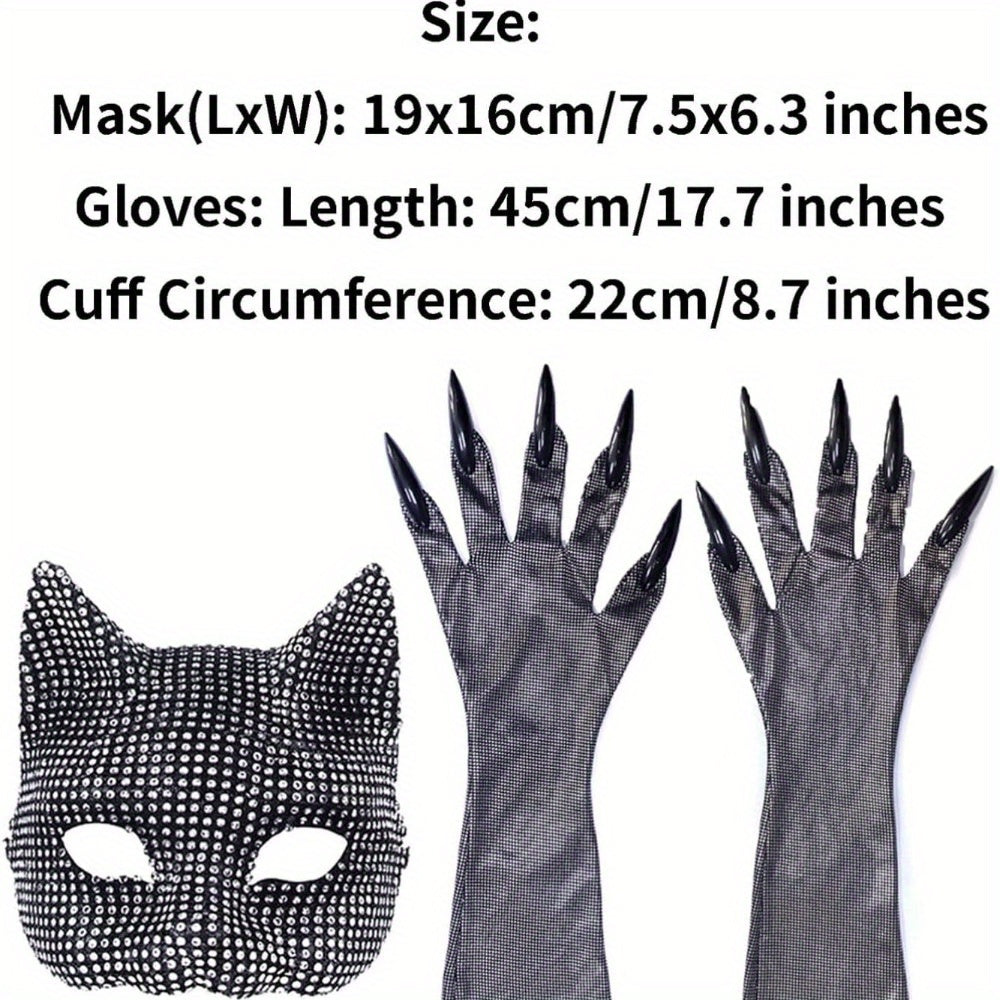 Rhinestone Cat Costume Set For Halloween, Cat Woman Ensemble With Bejeweled Mask And Long Claw Gloves, Masquerade Accessory Kit