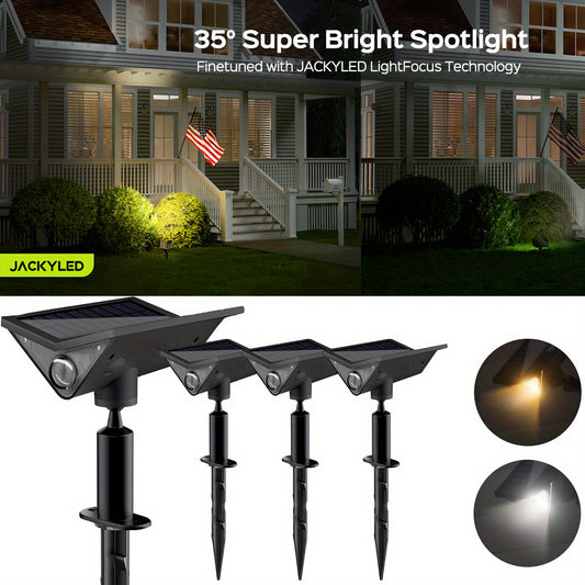 JACKYLED Solar Spot Lights Outdoor Waterproof, Dual Solar Panels Solar Spotlights, 4 Lighting Modes Solar Yard Lights Outdoor for Landscape, Backyard, Garden, Trees, 4-Pack