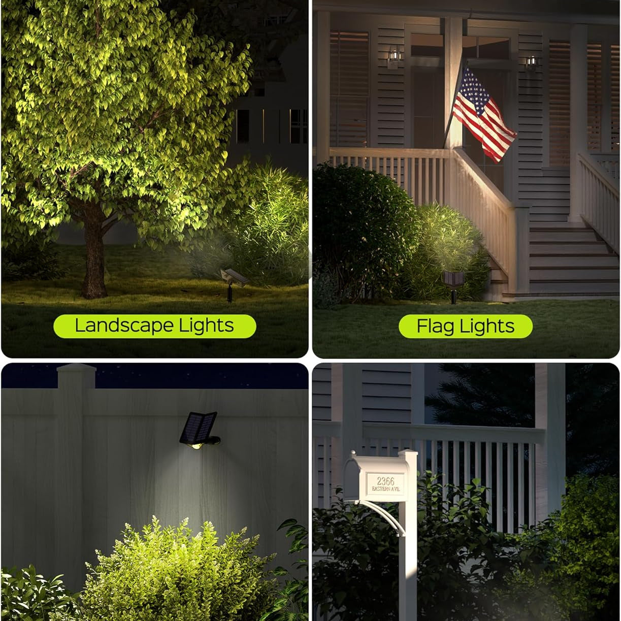 JACKYLED Solar Spot Lights Outdoor Waterproof, Dual Solar Panels Solar Spotlights, 4 Lighting Modes Solar Yard Lights Outdoor for Landscape, Backyard, Garden, Trees, 4-Pack