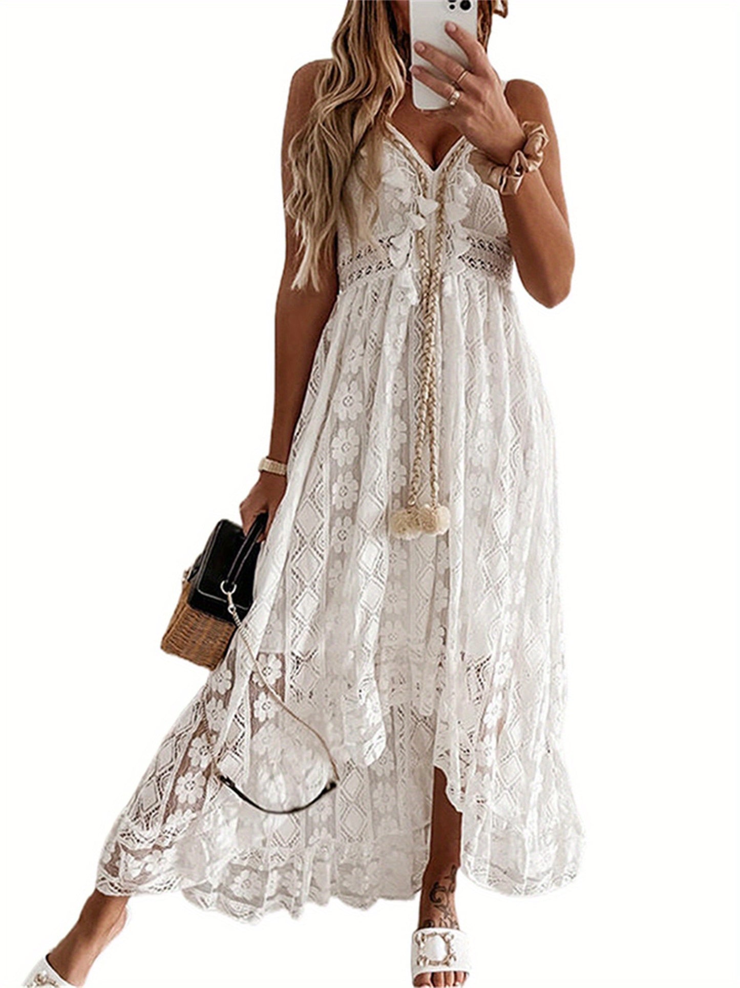 Womens Casual Boho Lace Hem Floral V Neck Long Beach Dress Cocktail Party Maxi Wedding Dress