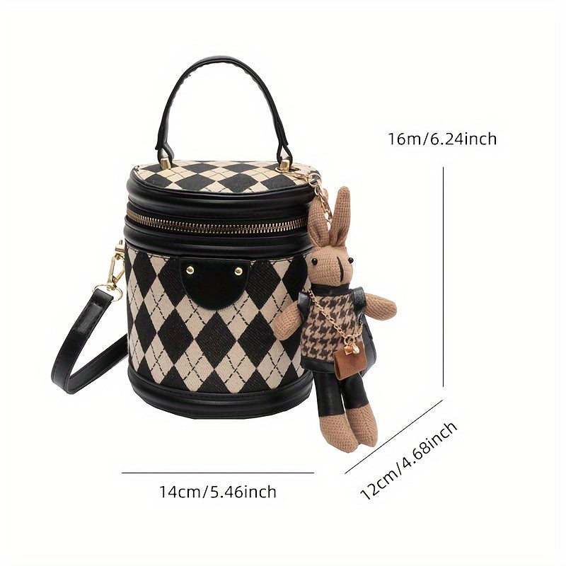 Mini Argyle pattern handbag, fashion cylindrical bucket wallet, ladies messenger bag with bunny doll