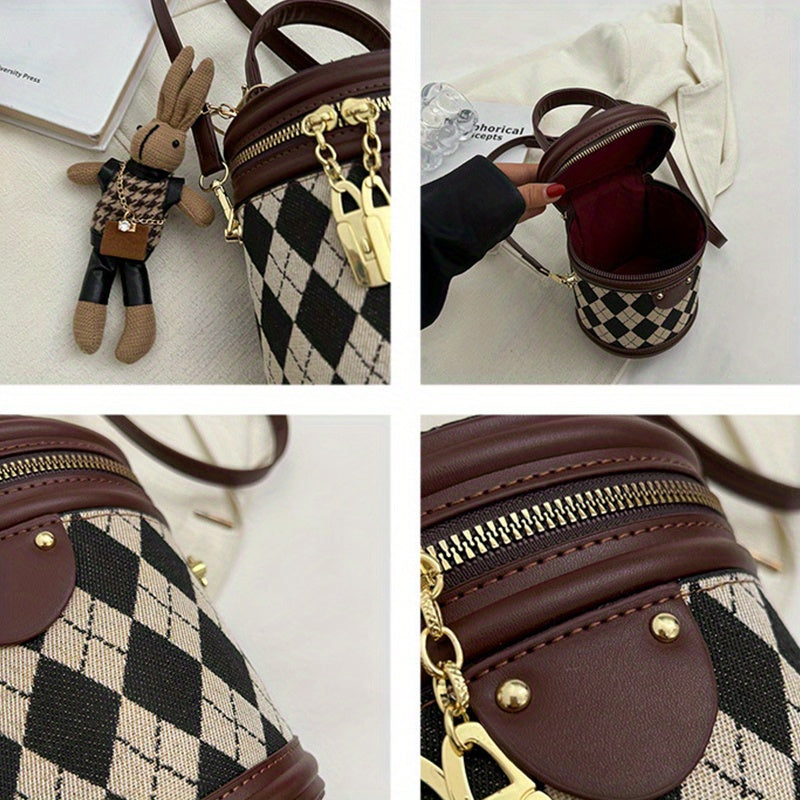 Mini Argyle pattern handbag, fashion cylindrical bucket wallet, ladies messenger bag with bunny doll