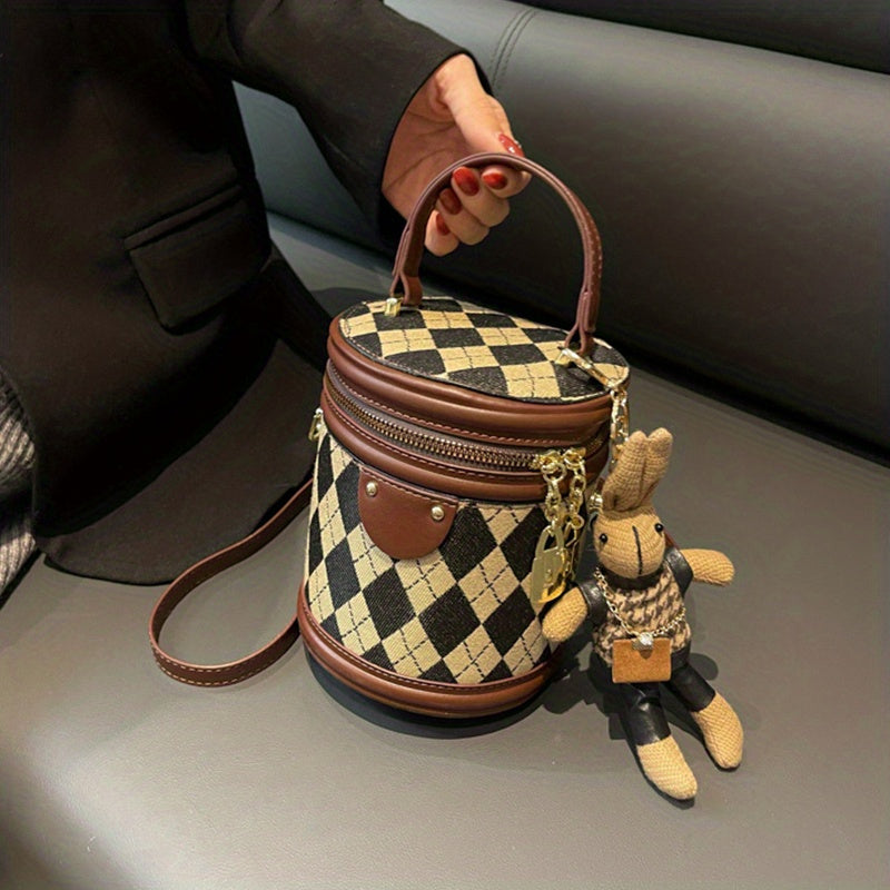 Mini Argyle pattern handbag, fashion cylindrical bucket wallet, ladies messenger bag with bunny doll