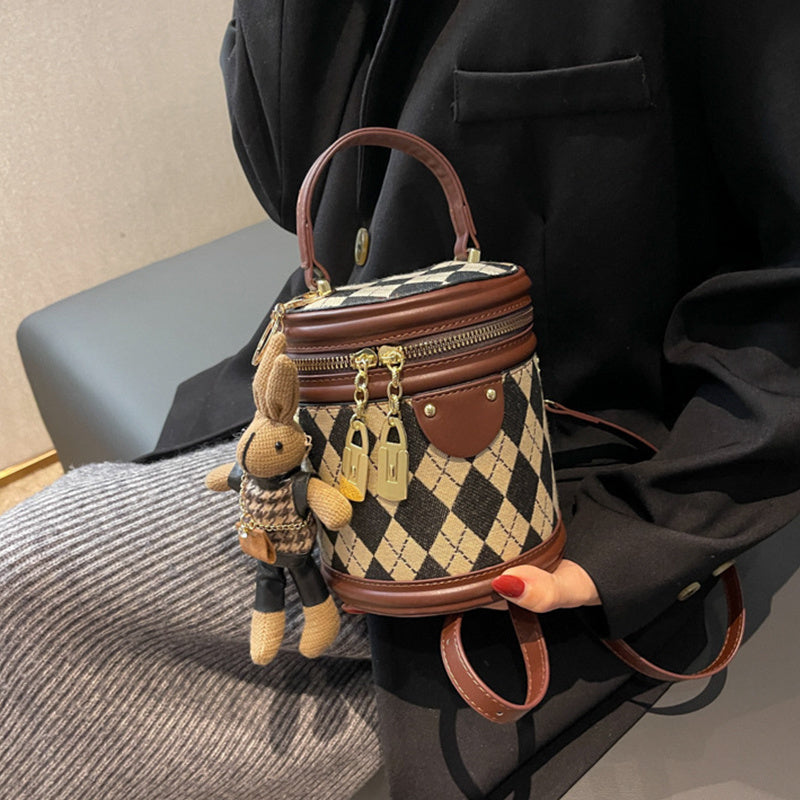 Mini Argyle pattern handbag, fashion cylindrical bucket wallet, ladies messenger bag with bunny doll