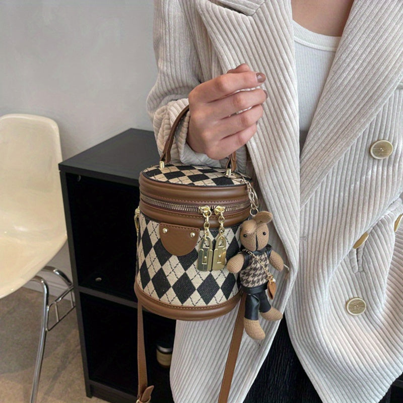 Mini Argyle pattern handbag, fashion cylindrical bucket wallet, ladies messenger bag with bunny doll