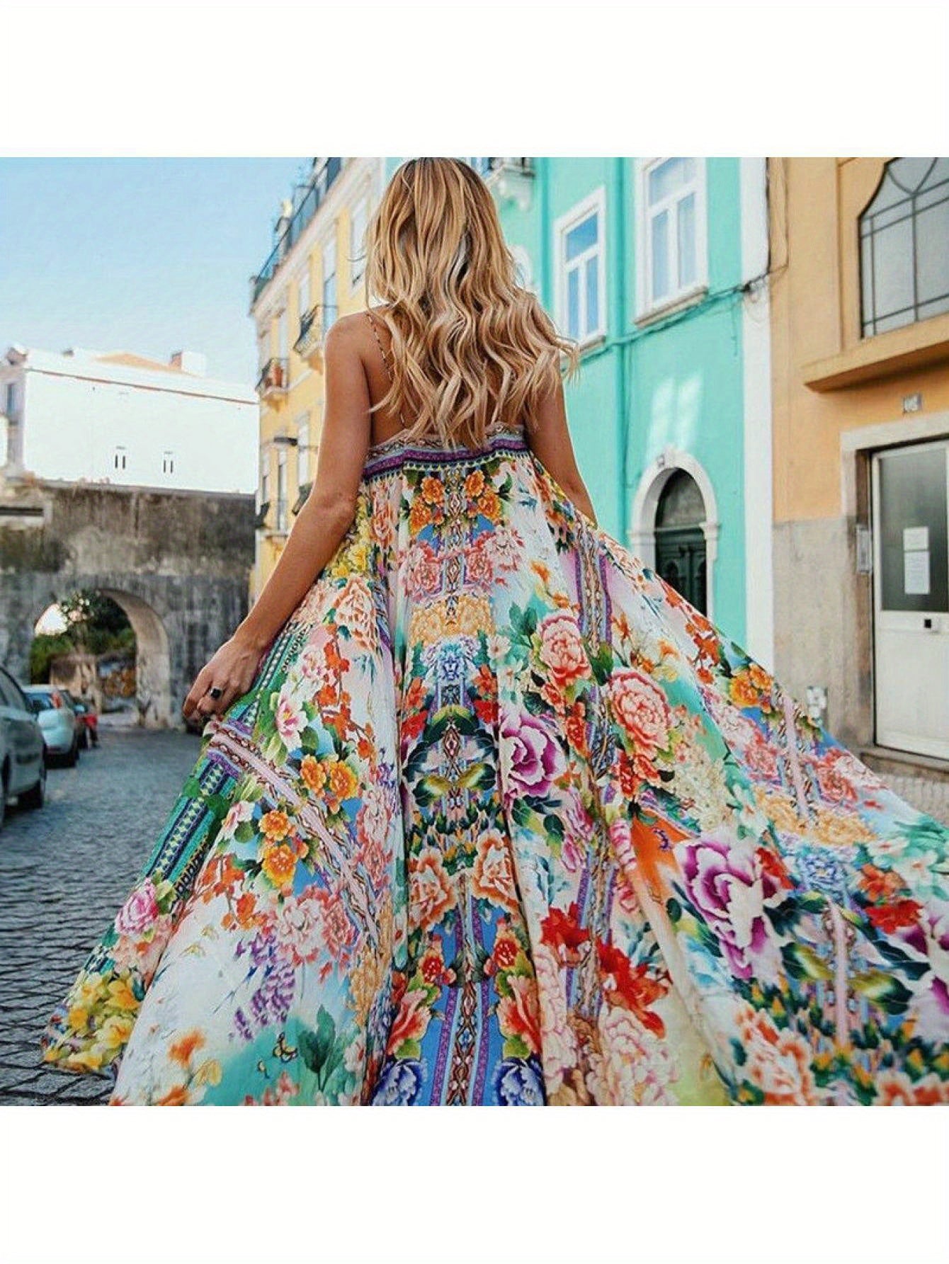 Women's Bohemia Floral Chiffon Dress Sleeveless Summer Long Maxi Dress Smocked Backless Cut Out Floral Flowy A Line Maxi Dress