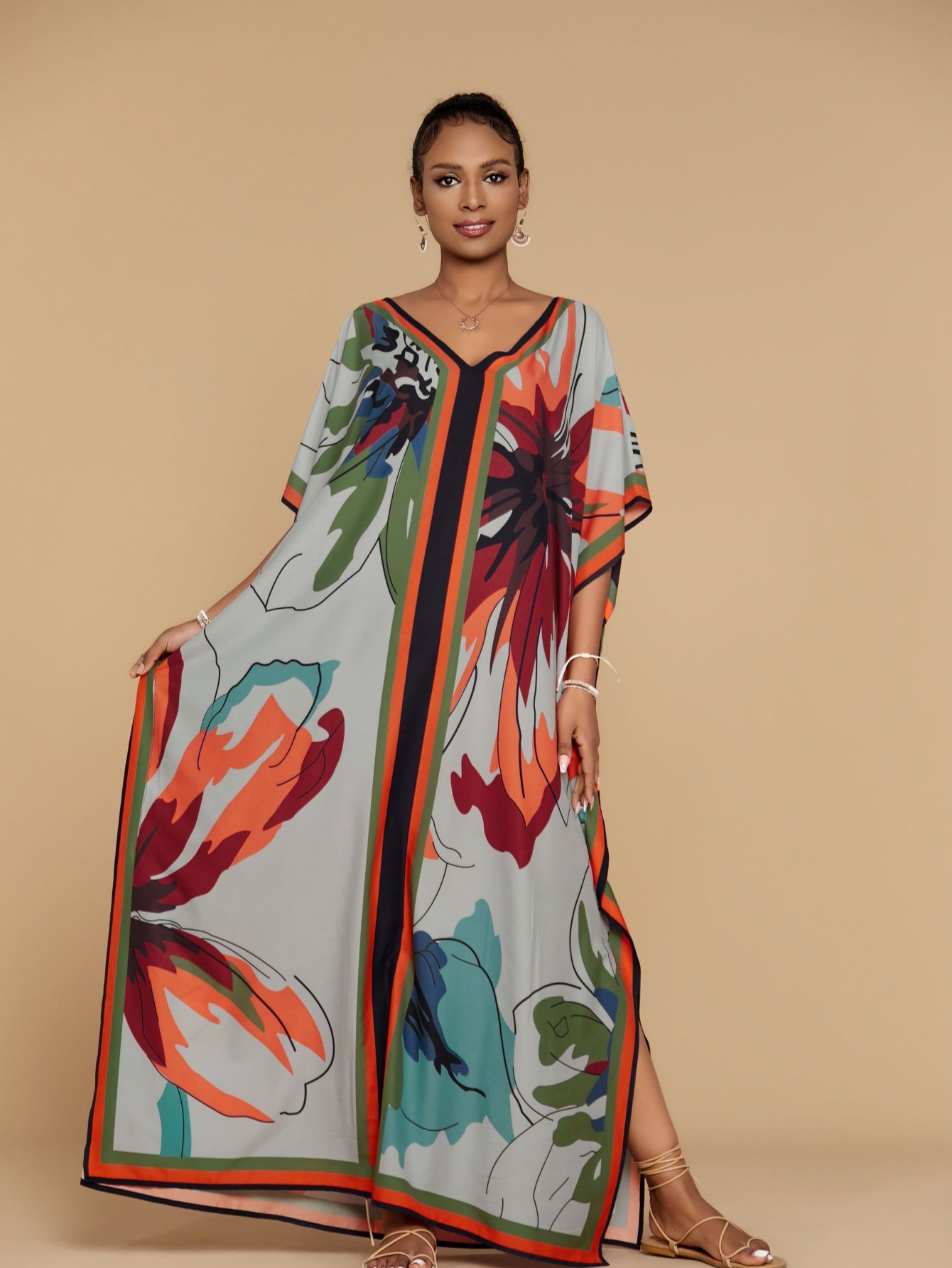 Women's Grey Butterfly Printed Kaftan Robe Four Side Elastic Loose Casual Holiday Style Large Size Beach Cover Up Ethnic Style Dresses