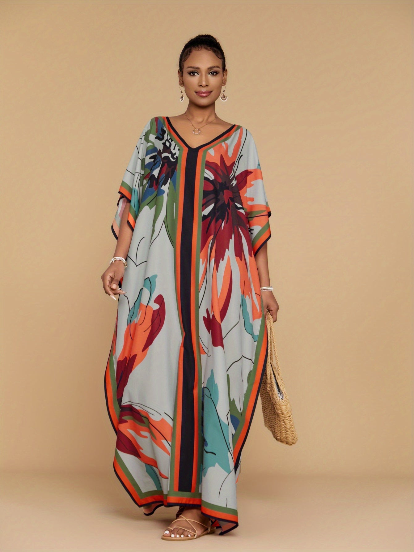 Women's Grey Butterfly Printed Kaftan Robe Four Side Elastic Loose Casual Holiday Style Large Size Beach Cover Up Ethnic Style Dresses