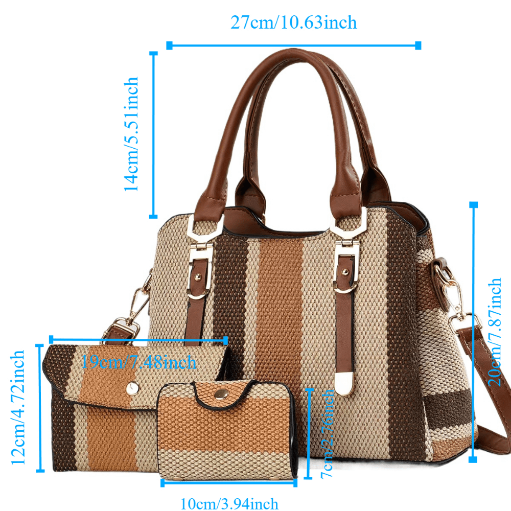 3-Piece Tote Bag Set With PU Leather Handles, Contrast Stripe Pattern, Crossbody And Shoulder Bag With Card Holder For Women