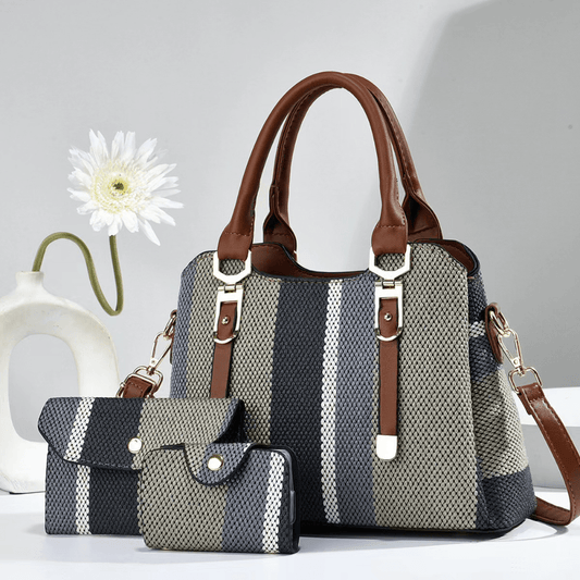 3-Piece Tote Bag Set With PU Leather Handles, Contrast Stripe Pattern, Crossbody And Shoulder Bag With Card Holder For Women