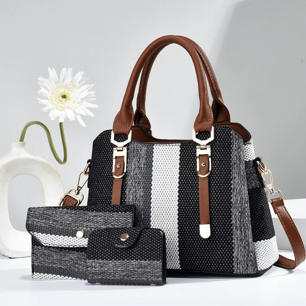 3-Piece Tote Bag Set With PU Leather Handles, Contrast Stripe Pattern, Crossbody And Shoulder Bag With Card Holder For Women