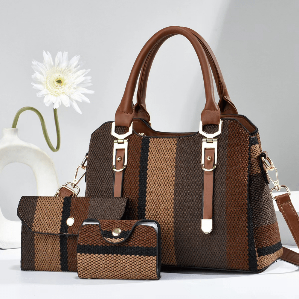 3-Piece Tote Bag Set With PU Leather Handles, Contrast Stripe Pattern, Crossbody And Shoulder Bag With Card Holder For Women