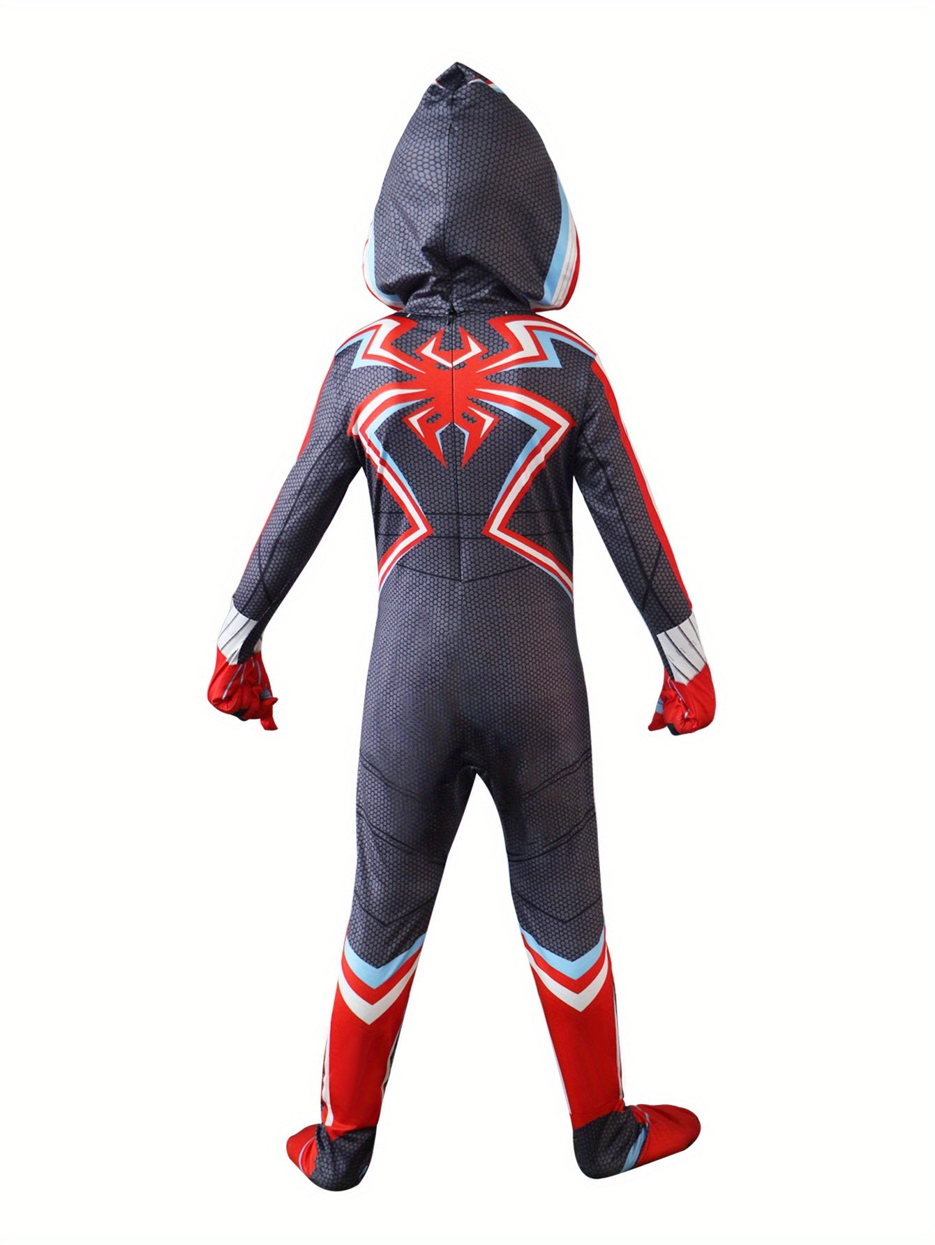 Spider Themed Party Outfit For Boys - Elastic Fabric Hooded Jumpsuit With Back Zipper, Cool Gloves, 3D Mask - Black And Red Spider Jumpsuit Set.