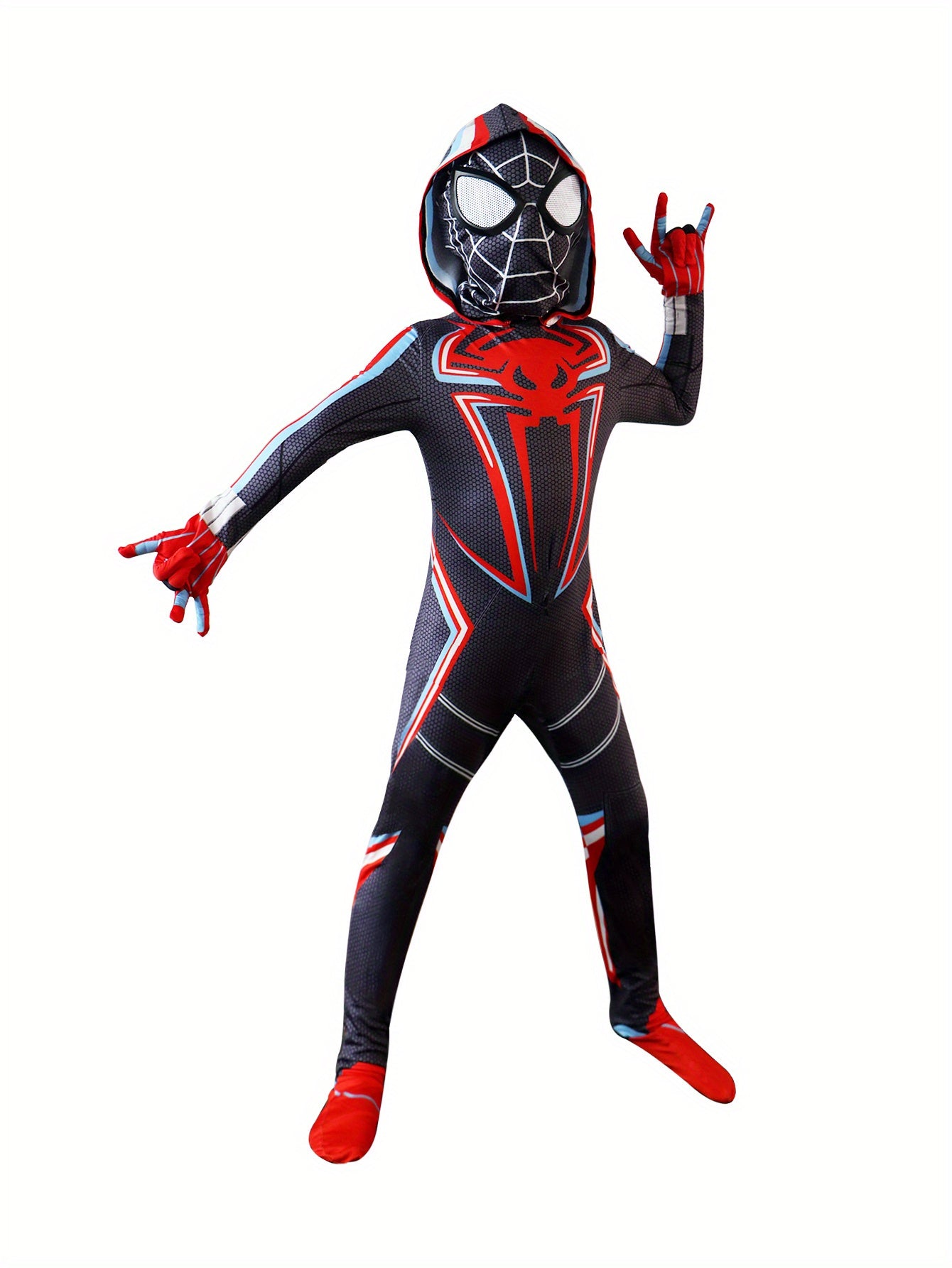 Spider Themed Party Outfit For Boys - Elastic Fabric Hooded Jumpsuit With Back Zipper, Cool Gloves, 3D Mask - Black And Red Spider Jumpsuit Set.