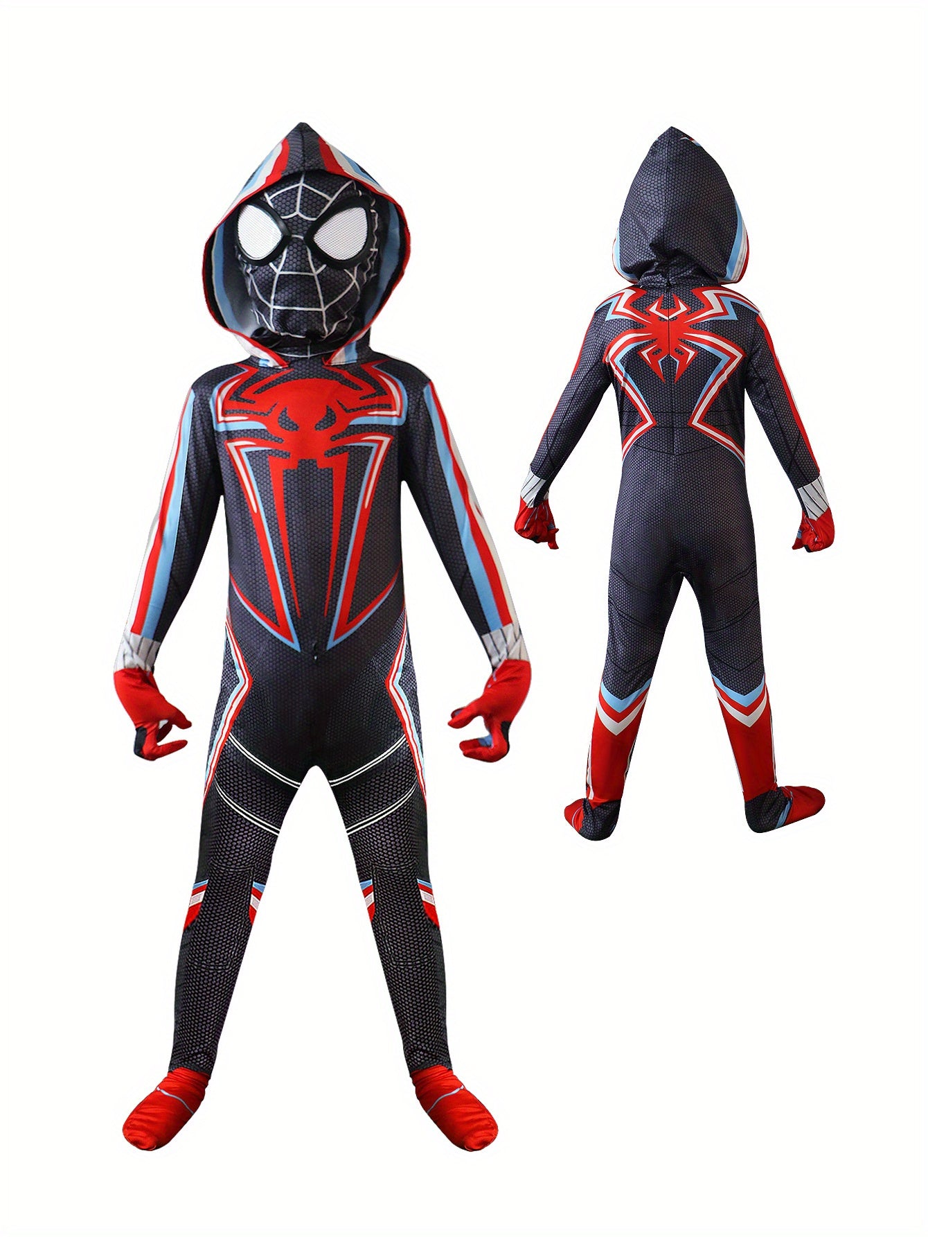 Spider Themed Party Outfit For Boys - Elastic Fabric Hooded Jumpsuit With Back Zipper, Cool Gloves, 3D Mask - Black And Red Spider Jumpsuit Set.