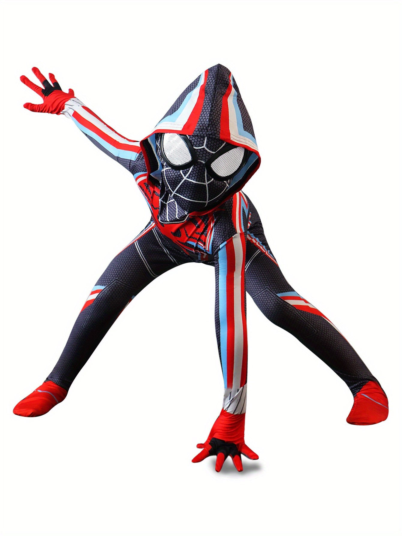 Spider Themed Party Outfit For Boys - Elastic Fabric Hooded Jumpsuit With Back Zipper, Cool Gloves, 3D Mask - Black And Red Spider Jumpsuit Set.