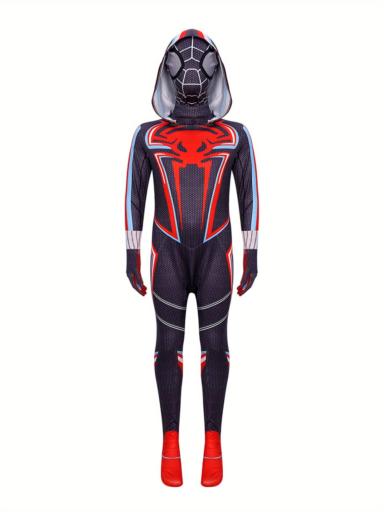 Spider Themed Party Outfit For Boys - Elastic Fabric Hooded Jumpsuit With Back Zipper, Cool Gloves, 3D Mask - Black And Red Spider Jumpsuit Set.