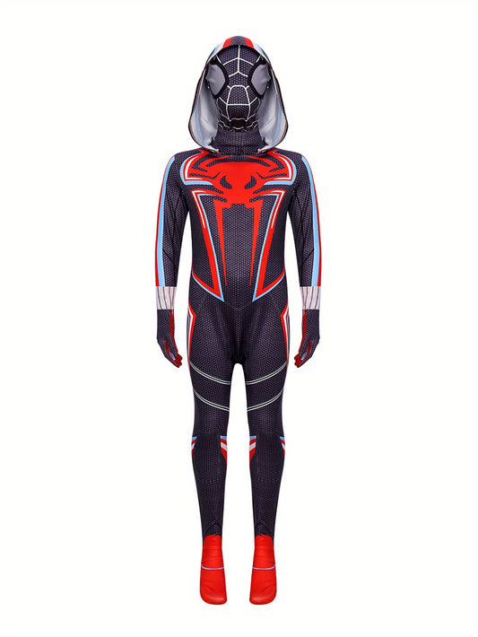 Spider Themed Party Outfit For Boys - Elastic Fabric Hooded Jumpsuit With Back Zipper, Cool Gloves, 3D Mask - Black And Red Spider Jumpsuit Set.