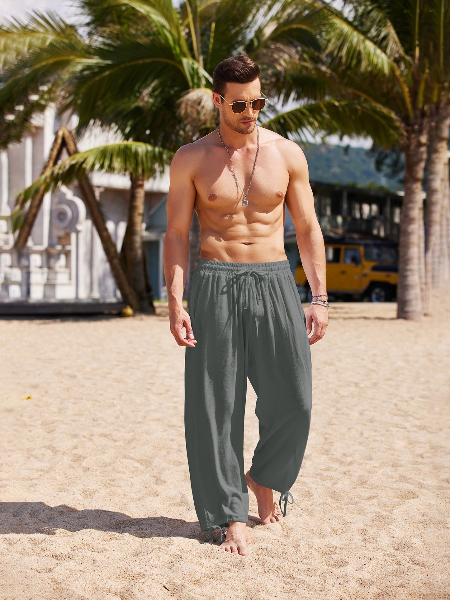 Men's Cotton Linen Pants Causal Harem Pants Elastic Waist Beach Boho Yoga Trousers