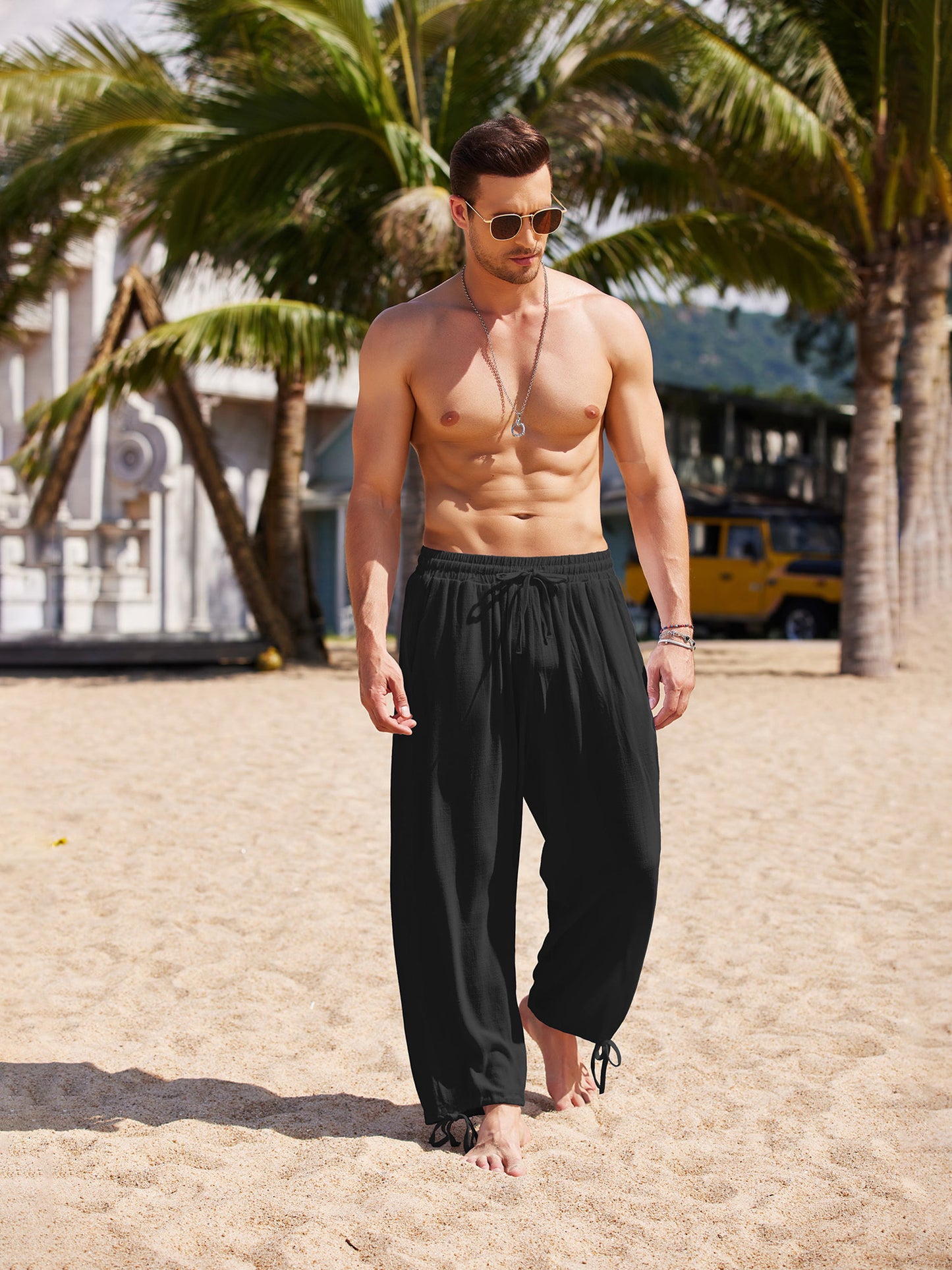 Men's Cotton Linen Pants Causal Harem Pants Elastic Waist Beach Boho Yoga Trousers