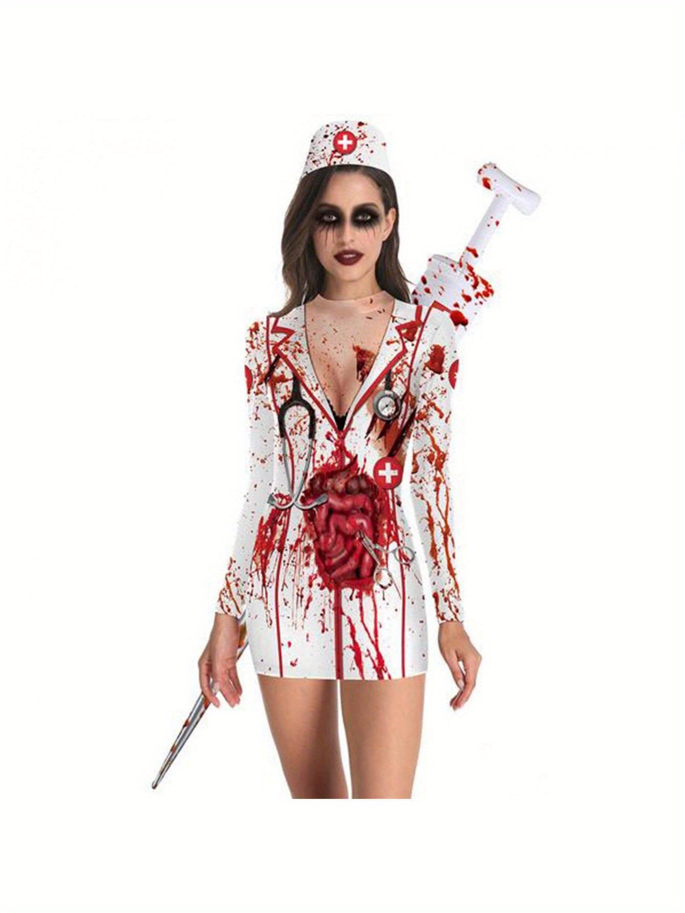 Women Halloween Dress, Long Sleeve Crew Neck Blood Print Nurse Zombie Bodycon Dress Mini Dress Cosplay Dress