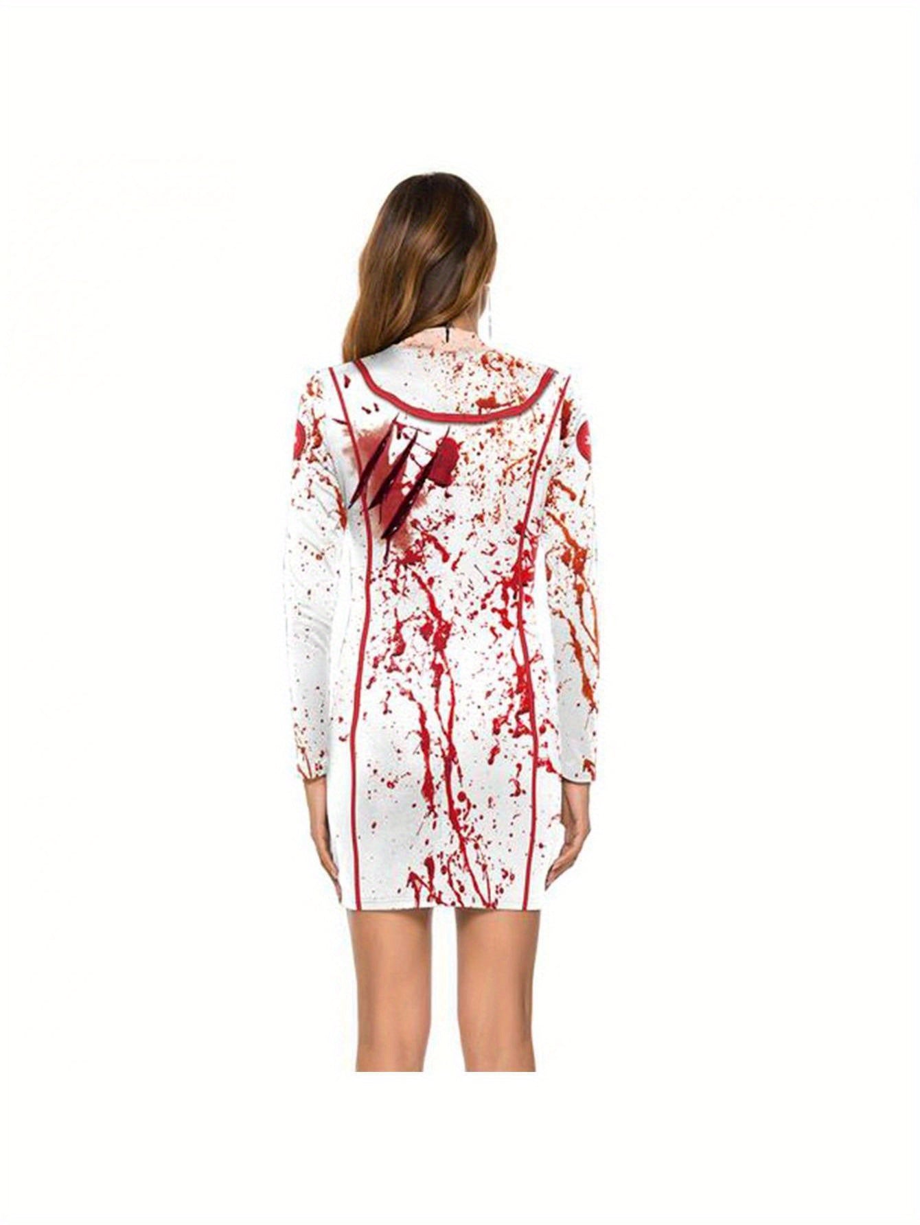 Women Halloween Dress, Long Sleeve Crew Neck Blood Print Nurse Zombie Bodycon Dress Mini Dress Cosplay Dress