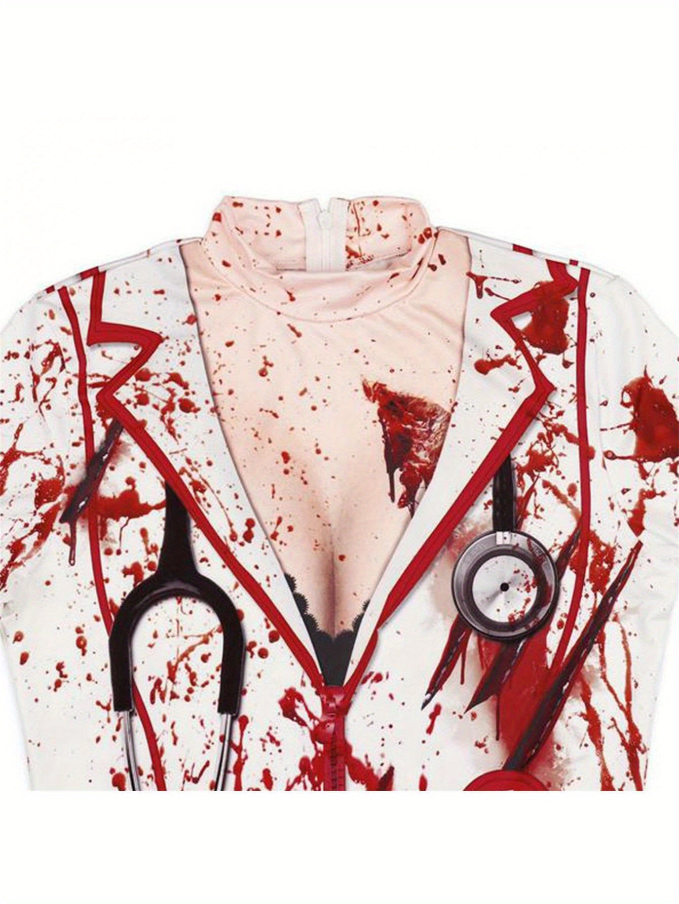 Women Halloween Dress, Long Sleeve Crew Neck Blood Print Nurse Zombie Bodycon Dress Mini Dress Cosplay Dress