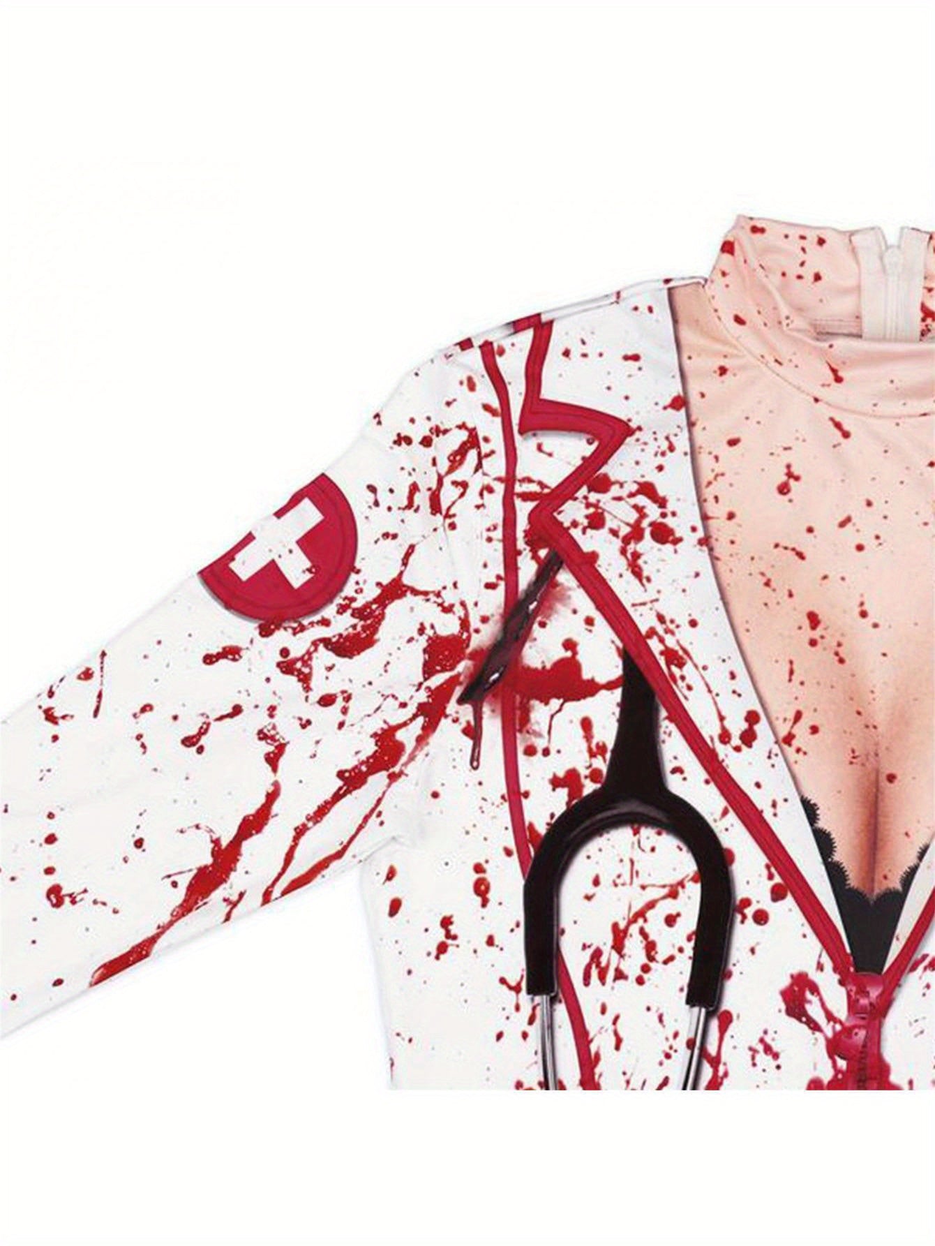 Women Halloween Dress, Long Sleeve Crew Neck Blood Print Nurse Zombie Bodycon Dress Mini Dress Cosplay Dress