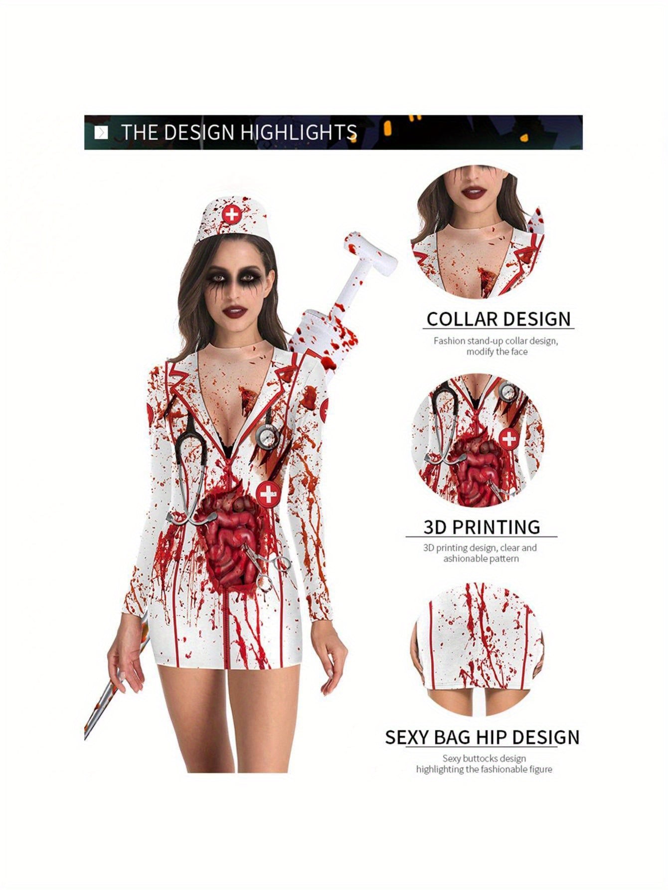 Women Halloween Dress, Long Sleeve Crew Neck Blood Print Nurse Zombie Bodycon Dress Mini Dress Cosplay Dress