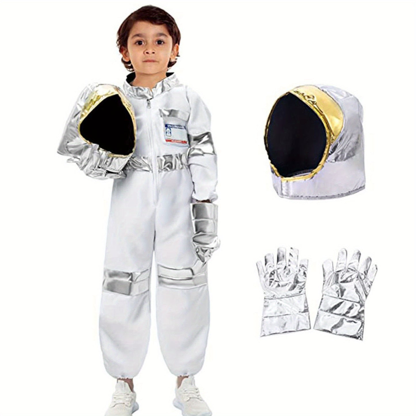 Halloween Costume Astronaut Jumpsuit with Hat Badge Gloves Set for Role-Playing Party Cosplay Outfit