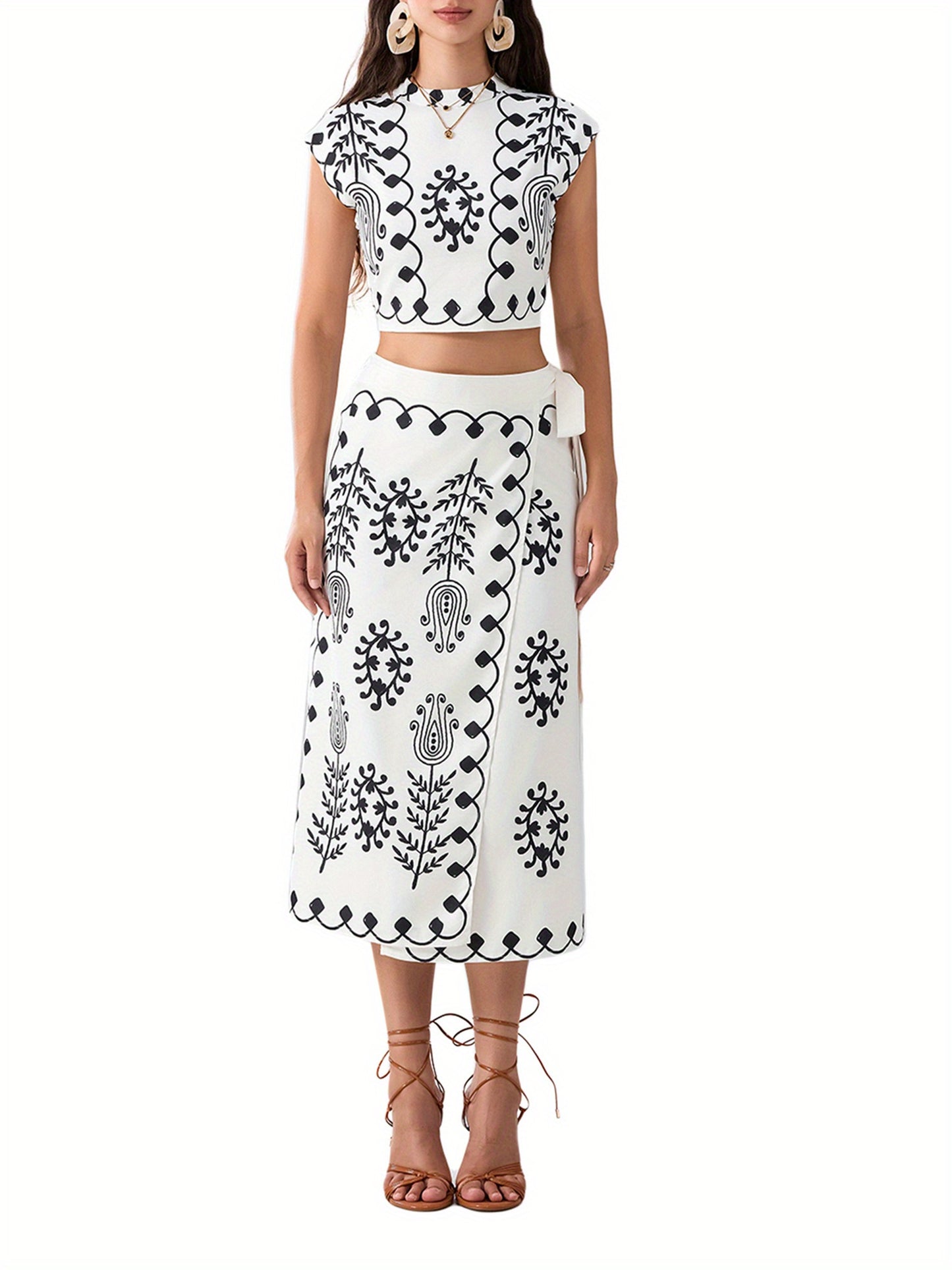 Women's 2 Piece Skirt Outfits Short Sleeve Boho Pattern Print Tops Long Skinny Skirt Set