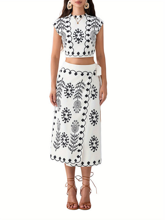 Women's 2 Piece Skirt Outfits Short Sleeve Boho Pattern Print Tops Long Skinny Skirt Set