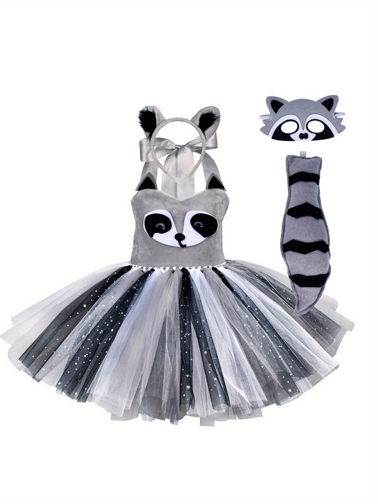 Girls Cosplay Raccoon Tulle Dress Sleeveless Halter Neck Costume Headband Tail Face Protector for Cosplay Party