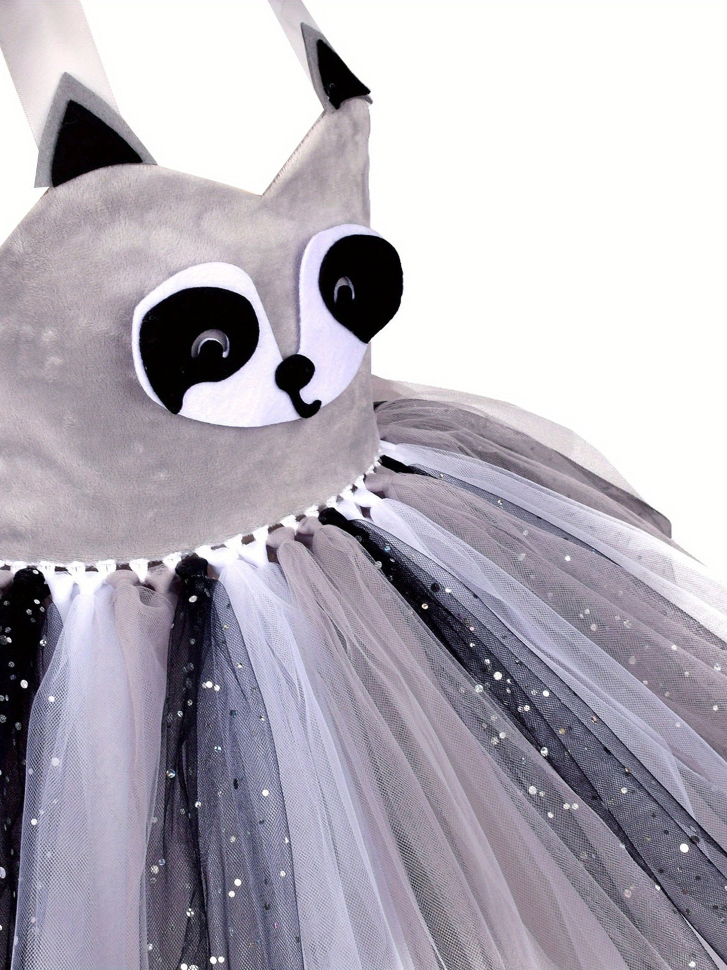 Girls Cosplay Raccoon Tulle Dress Sleeveless Halter Neck Costume Headband Tail Face Protector for Cosplay Party