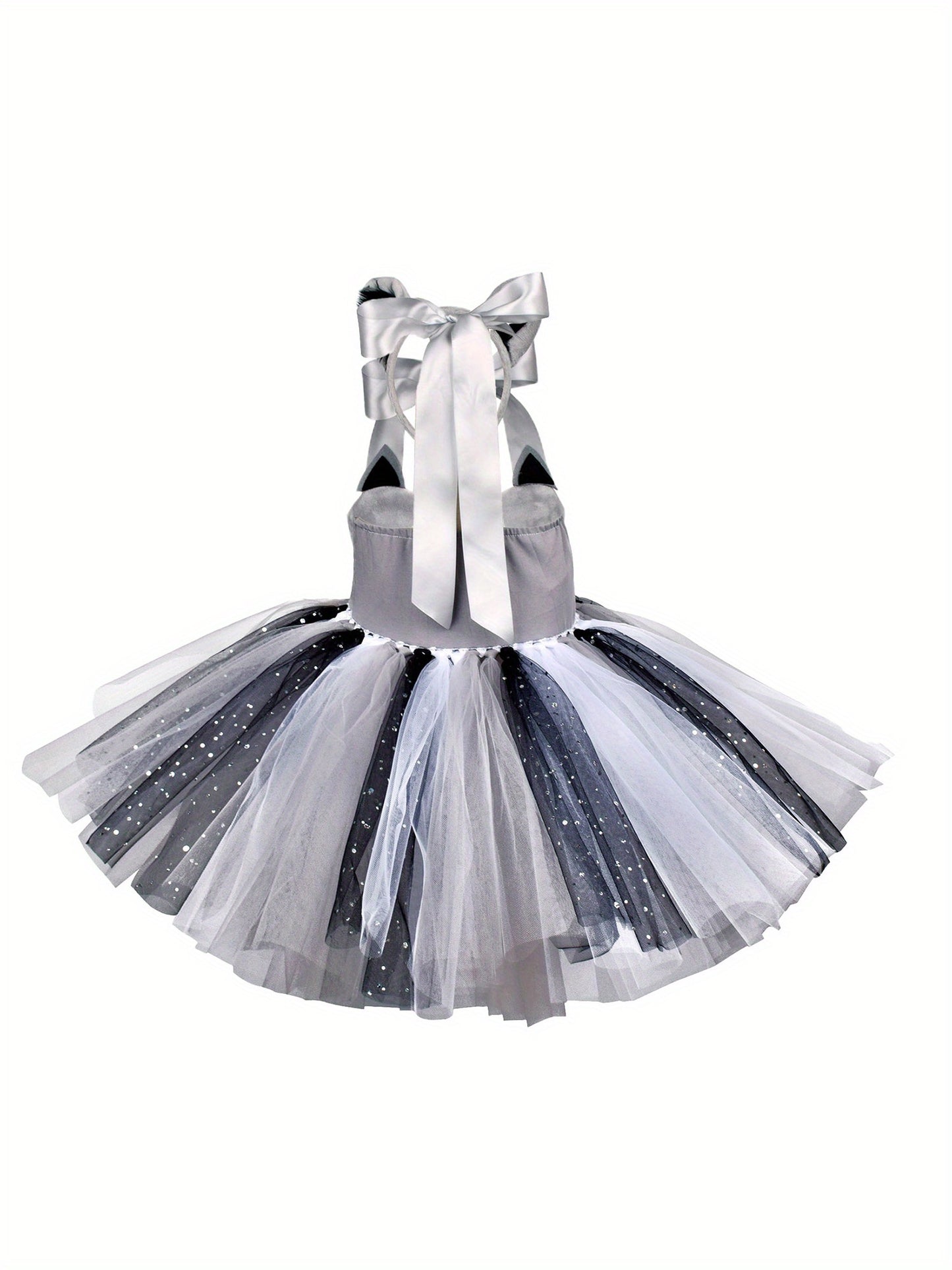 Girls Cosplay Raccoon Tulle Dress Sleeveless Halter Neck Costume Headband Tail Face Protector for Cosplay Party