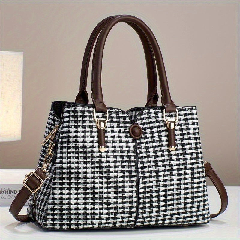 Elegant plaid pattern handbag, women's fashionable synthetic leather shoulder bag, fashionable dual handle wallet