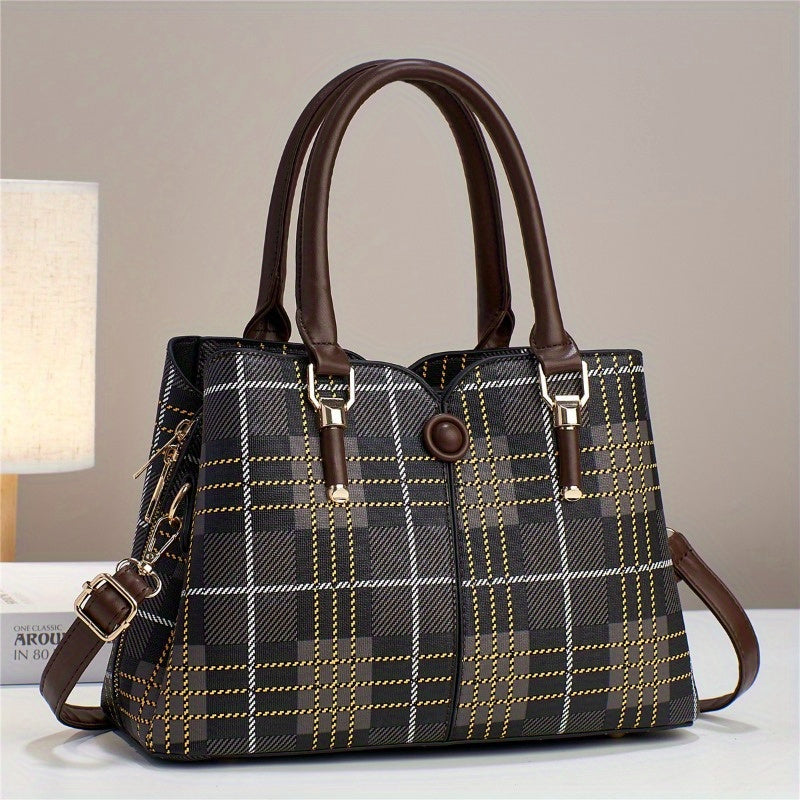 Elegant plaid pattern handbag, women's fashionable synthetic leather shoulder bag, fashionable dual handle wallet