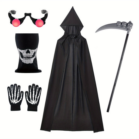 Halloween Grim Reaper Costume Set for Men Kids Boys 5pcs Scary Death Outfit with Black Robe+Skeleton Gloves+Face Mask+Light Up Red Eye Glasses+Scythe