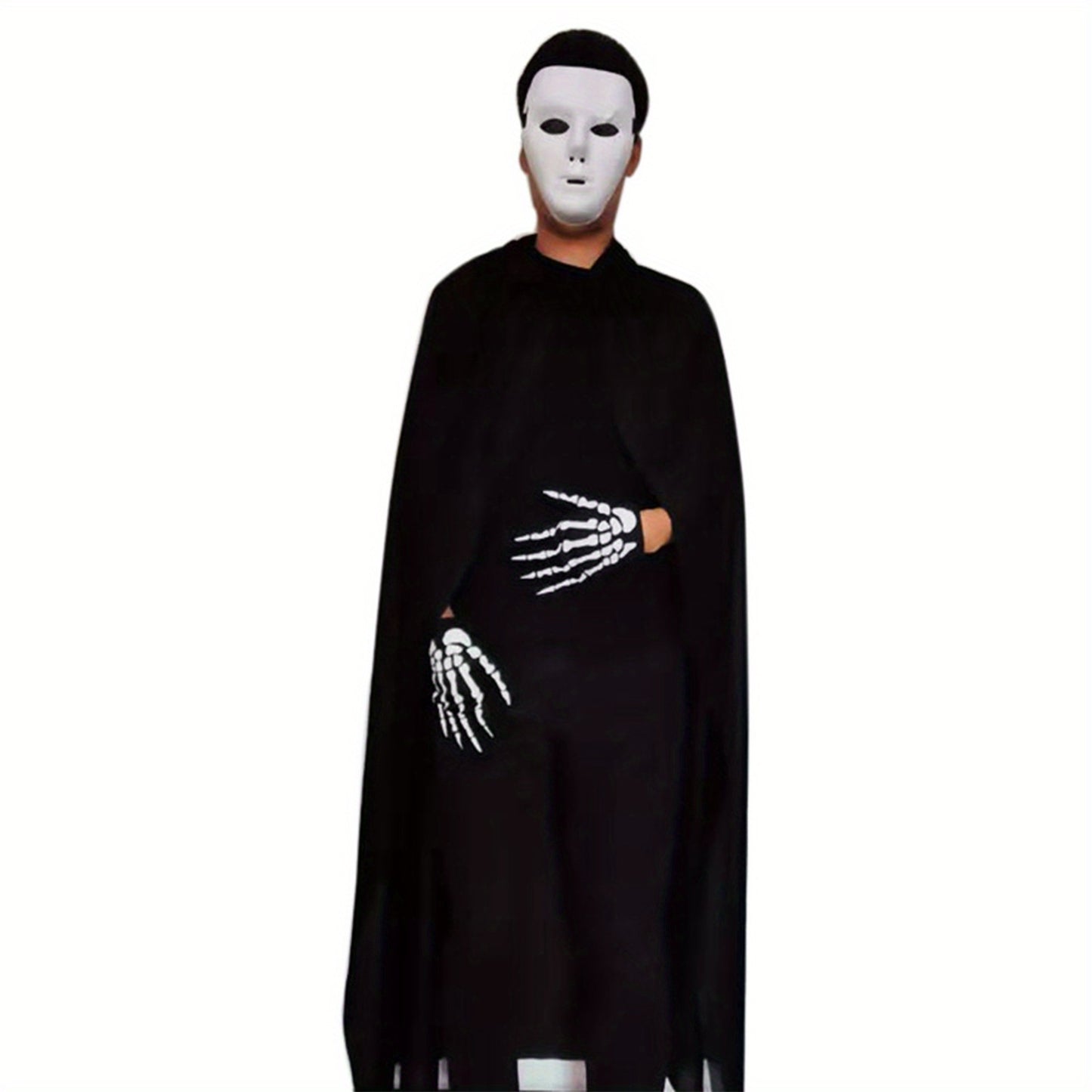 Halloween Grim Reaper Costume Set for Men Kids Boys 5pcs Scary Death Outfit with Black Robe+Skeleton Gloves+Face Mask+Light Up Red Eye Glasses+Scythe