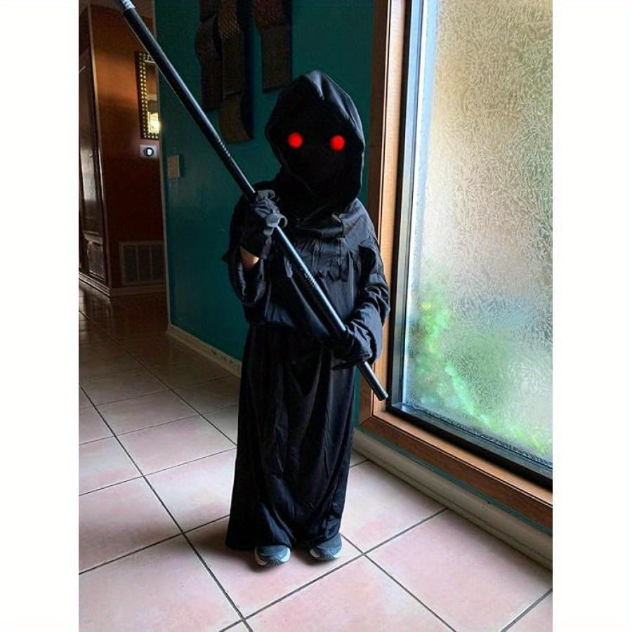 Halloween Grim Reaper Costume Set for Men Kids Boys 5pcs Scary Death Outfit with Black Robe+Skeleton Gloves+Face Mask+Light Up Red Eye Glasses+Scythe