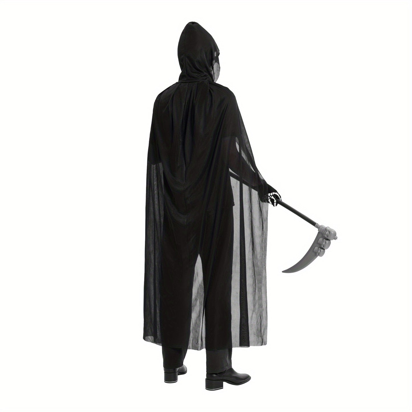 Halloween Grim Reaper Costume Set for Men Kids Boys 5pcs Scary Death Outfit with Black Robe+Skeleton Gloves+Face Mask+Light Up Red Eye Glasses+Scythe