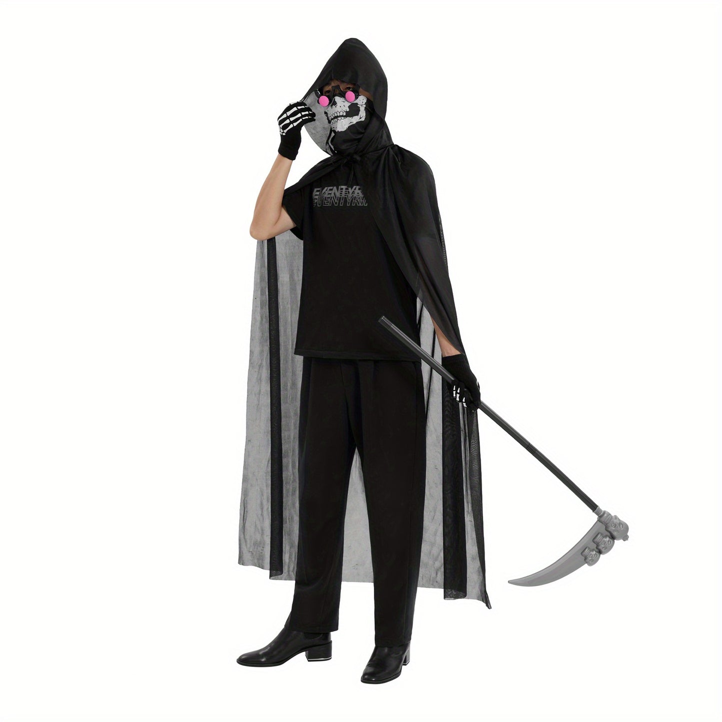 Halloween Grim Reaper Costume Set for Men Kids Boys 5pcs Scary Death Outfit with Black Robe+Skeleton Gloves+Face Mask+Light Up Red Eye Glasses+Scythe