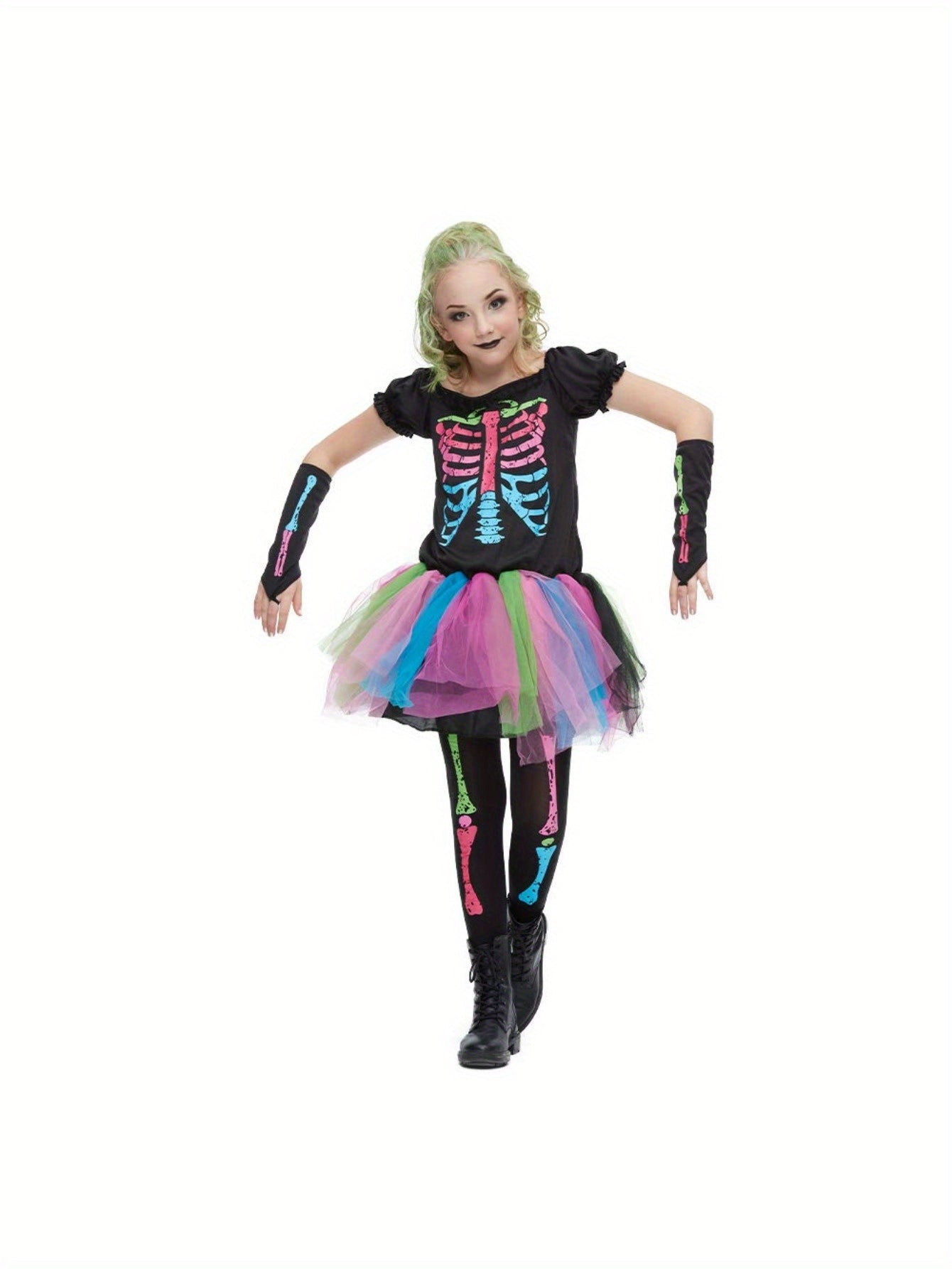 EraSpooky Girl's Funky Punky Bones Dress with Sleeves and Leggings