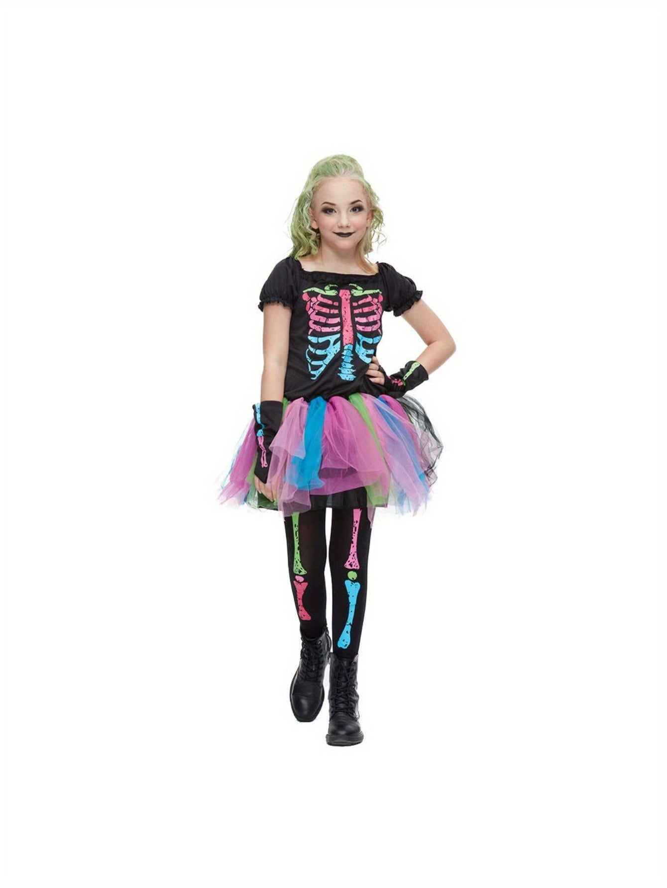 EraSpooky Girl's Funky Punky Bones Dress with Sleeves and Leggings