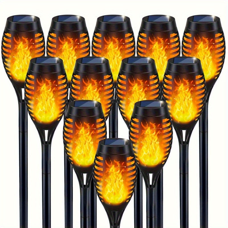 12-Piece set of outdoor solar garden flame torch lights, landscape decorative lighting fixtures, and outdoor courtyard garden path solar lighting fixtures.