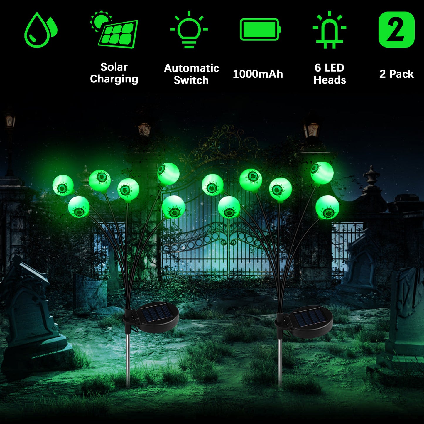 2/ 4/ 6/ 8/ 10 Scary Eyeball Swaying Solar Path Lights, Solar Landscape Lights Outdoor Halloween Decorations, for Yard Garden Halloween Decor Lighting, Green Halloween Solar Lights