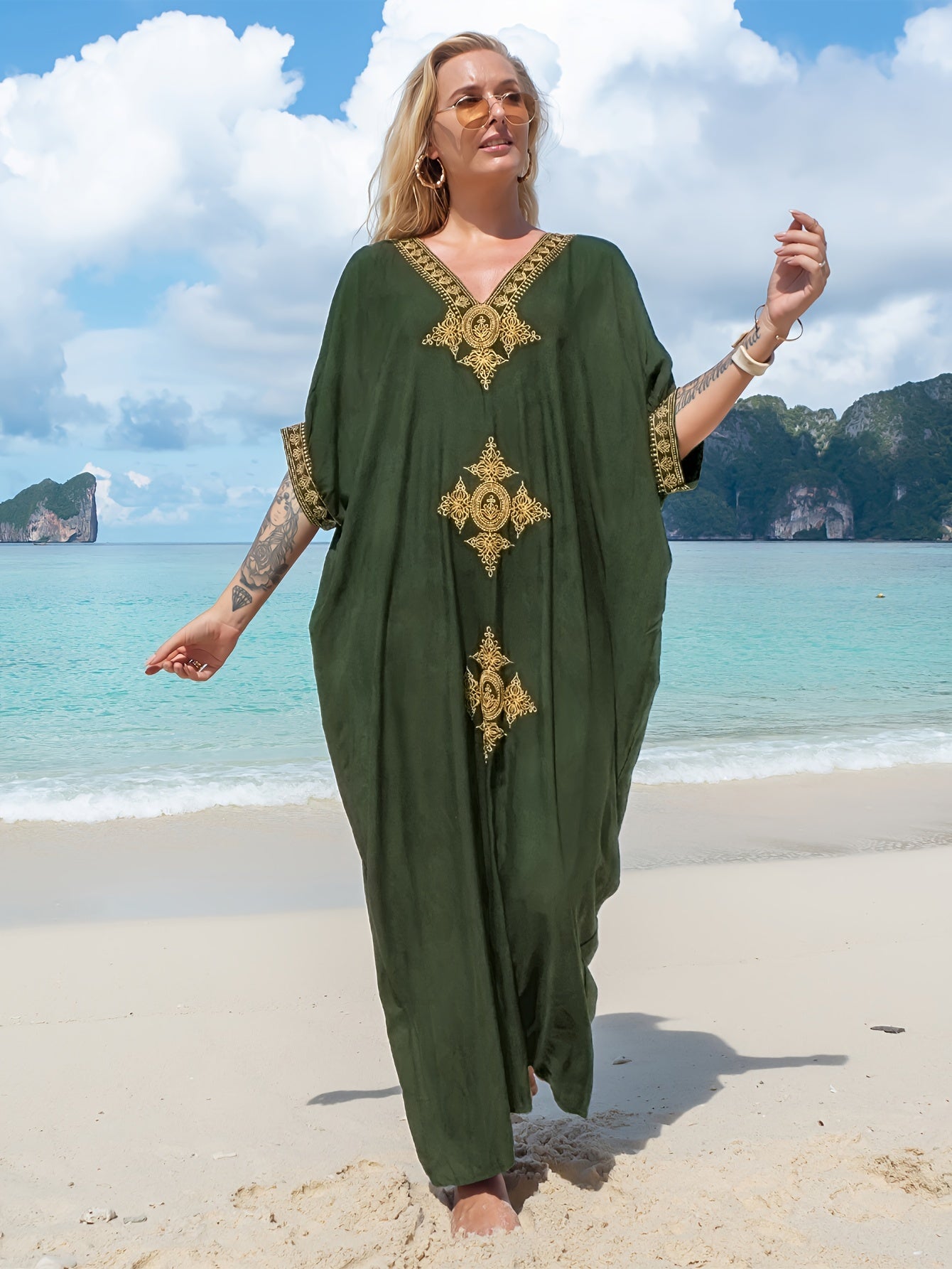 Graphic Embroidered V Neck Loose Kaftan Dress, Elegant Batwing Sleeve Maxi Coverup Dress,Bohemia